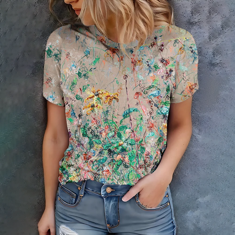 

3D printed T-shirt round neck short sleeved T-shirt casual daily top women's women's clothing