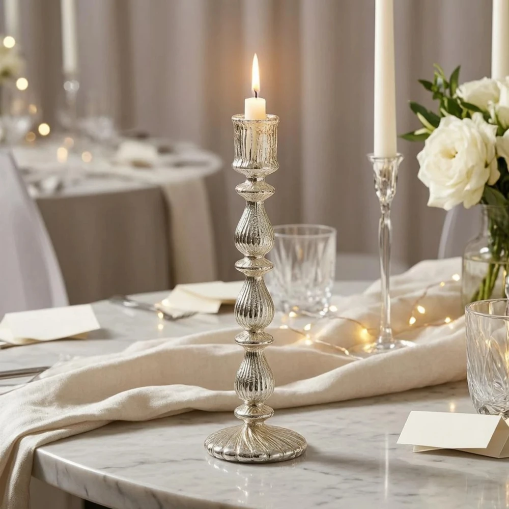 Simple Mercury Glass Candle Holder French Retro Stripe Silver Plated Candlestick Romantic Home Wedding Table Centerpiece Decor