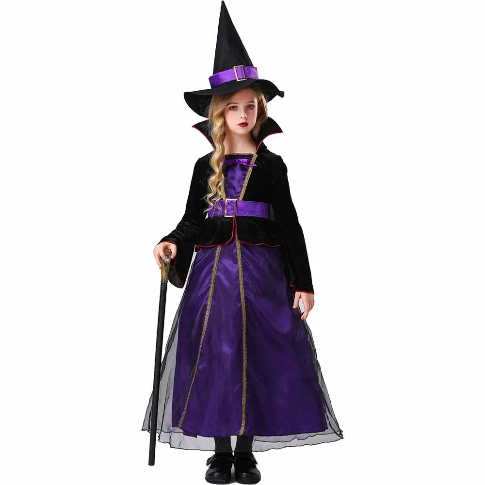 Halloween Witch Girls Purple Gauze Dress & Cloak & Pointed Cap Belt Costume Kids Carnival Witch Costume Dress Hat Dress Suit