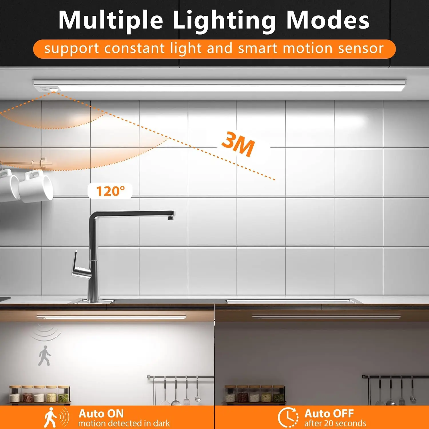 Under-Unit Light Kitchen LED, 30cm 40cm 50cm LED Dimmable Rechargeable Kitchen Under-Unit Light, Motion Sensor Light