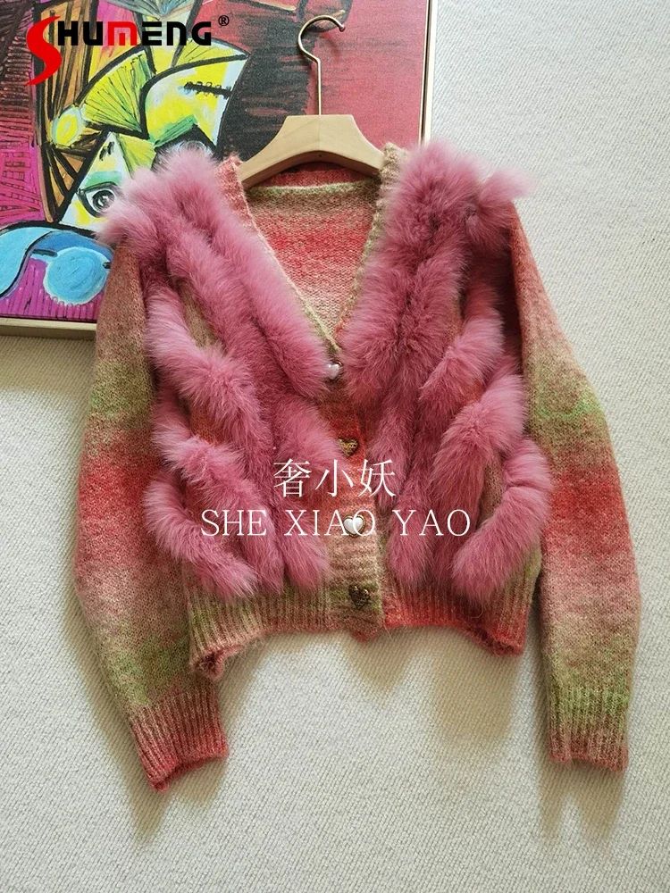 Ladies Real Fox Hair Splicing Fluffy Wool Sweater Fashion Versatile 2024 Spring Autumn New Female Long-sleeve Cardigan Fur Tops