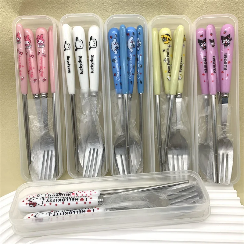 Anime Sanrio Kuromi Stainless Steel Cutlery Set Cute Cinnamorol Pochaco Spoon Fork Chopsticks Three-Piece Set