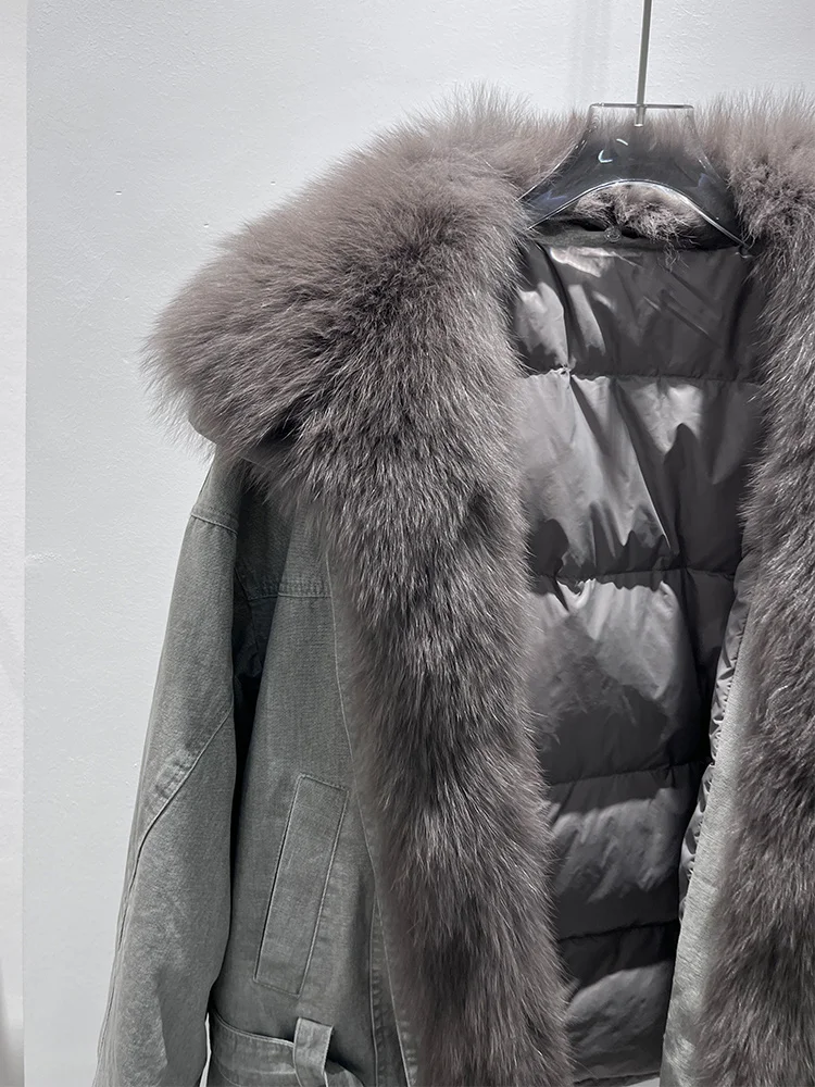 새로운 럭셔리 겨울용 여성 구스 다운 재킷 리얼 폭스 퍼 칼라 두꺼운 파카 푸퍼 재킷 아우터 여성 데님 코트