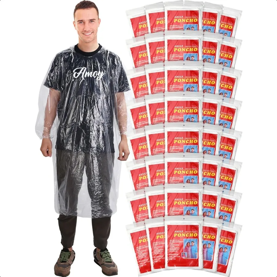 

40-пакет дождевых пончиков для взрослых. Набор пончиков с капюшоном на шнурке. Плащ с эластичными рукавами для кемпинга.