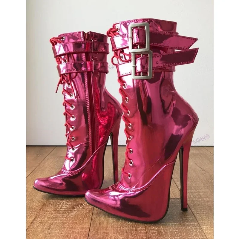 

Rose Red Extreme High Heels Boots Cross Tied Pointy Toe Shoes for Women Strappy Patent Leather Shoes 2023 Zapatos Para Mujere