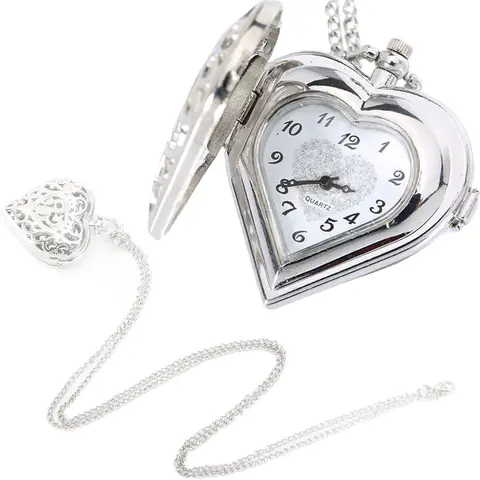 Silver Heart Shape Open Skeleton Watch with Diamonds Vintage Antique Pocket Watch Pendant Necklace for Women Birthday Gift Idea