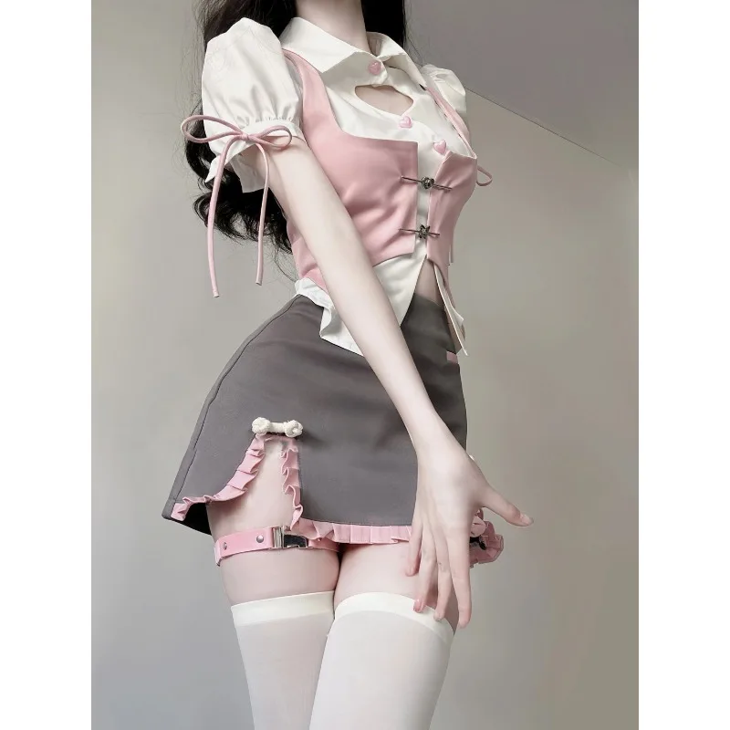 여름 일본풍 화이트 퍼프 소매 탑 핑크 베스트 미니스커트 JK 유니폼 여성 2000년대 Y2K 감성 섹시 파티 드레스