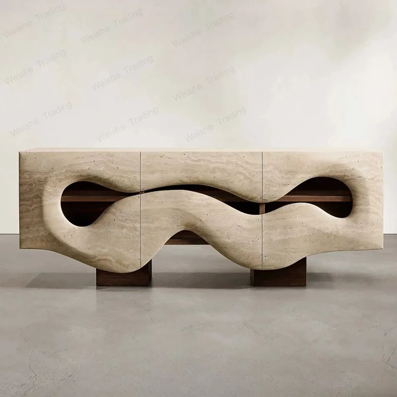 Wabi Sandy Wind Special-shaped Side Cabinet Travertine Solid Wood Creative Art Cabinet Living Room Premium Sense