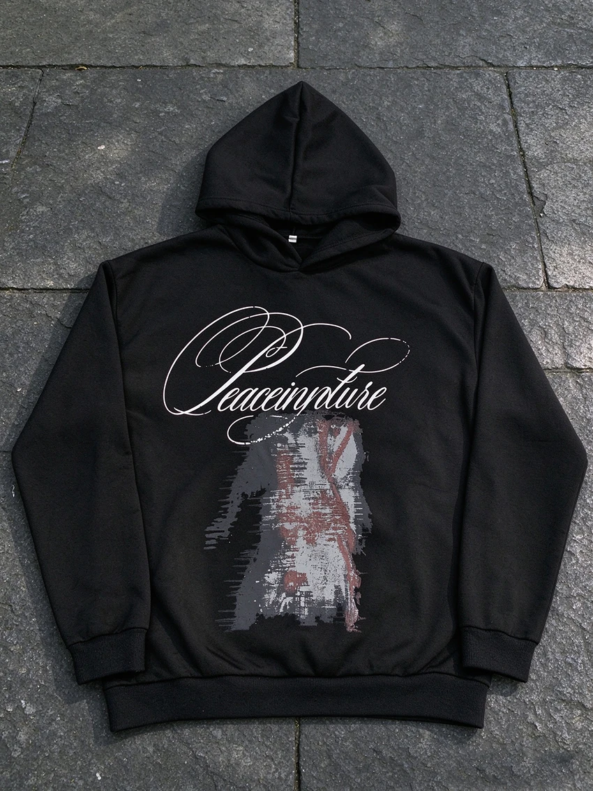 Women Aesthetic Punk Oversized Pullover Hoodie Abstract Distressed Figure Cursive Letter Print Long Sleeve Streetwear Sweatshirt