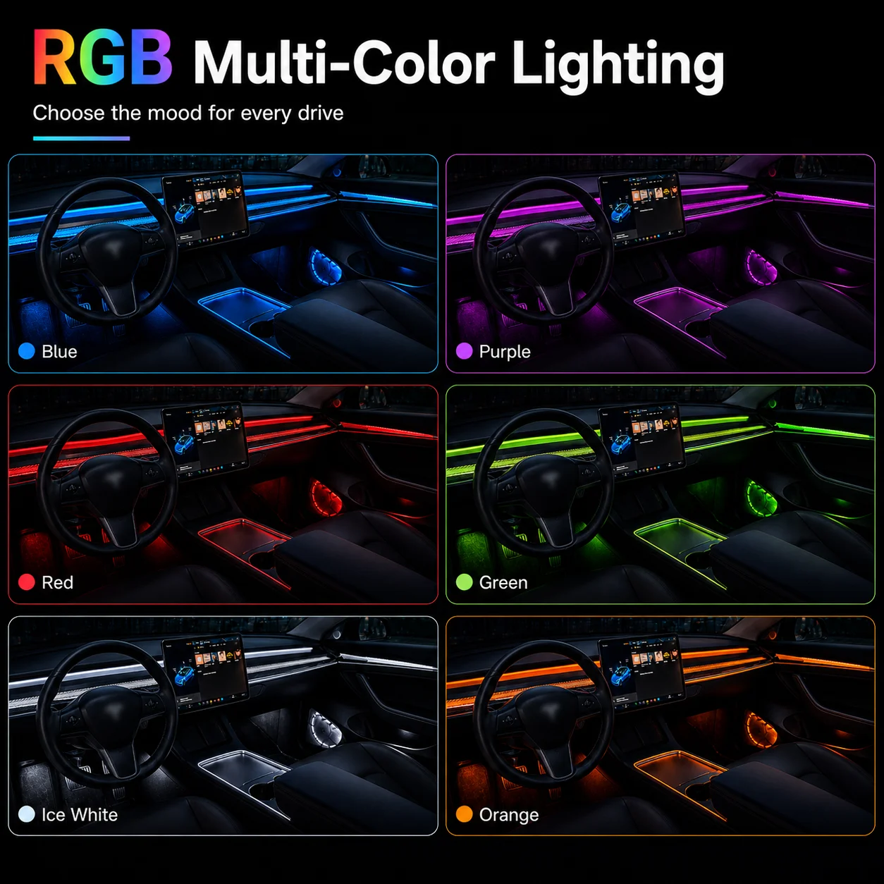 Acrylic Ambient Light for Tesla Model Y 2023-2024 Interior Atmosphere Lamp RGB LED Strip Light App Control No Damage Plug &Play
