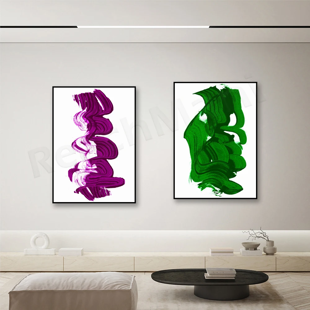 Abstract acrylic stroke canvas print, abstract art poster green purple yellow black minimal modern living room decor gift