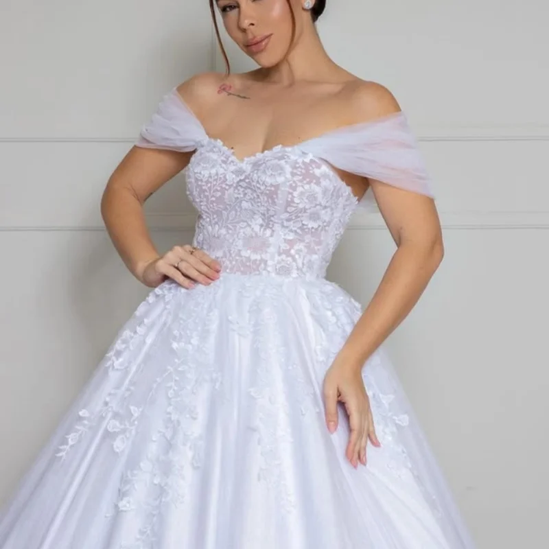 

Satin White Appliques Wedding Dresses flower decal off-shoulder A skirt Gowns Made wedding dress Bridal Gown