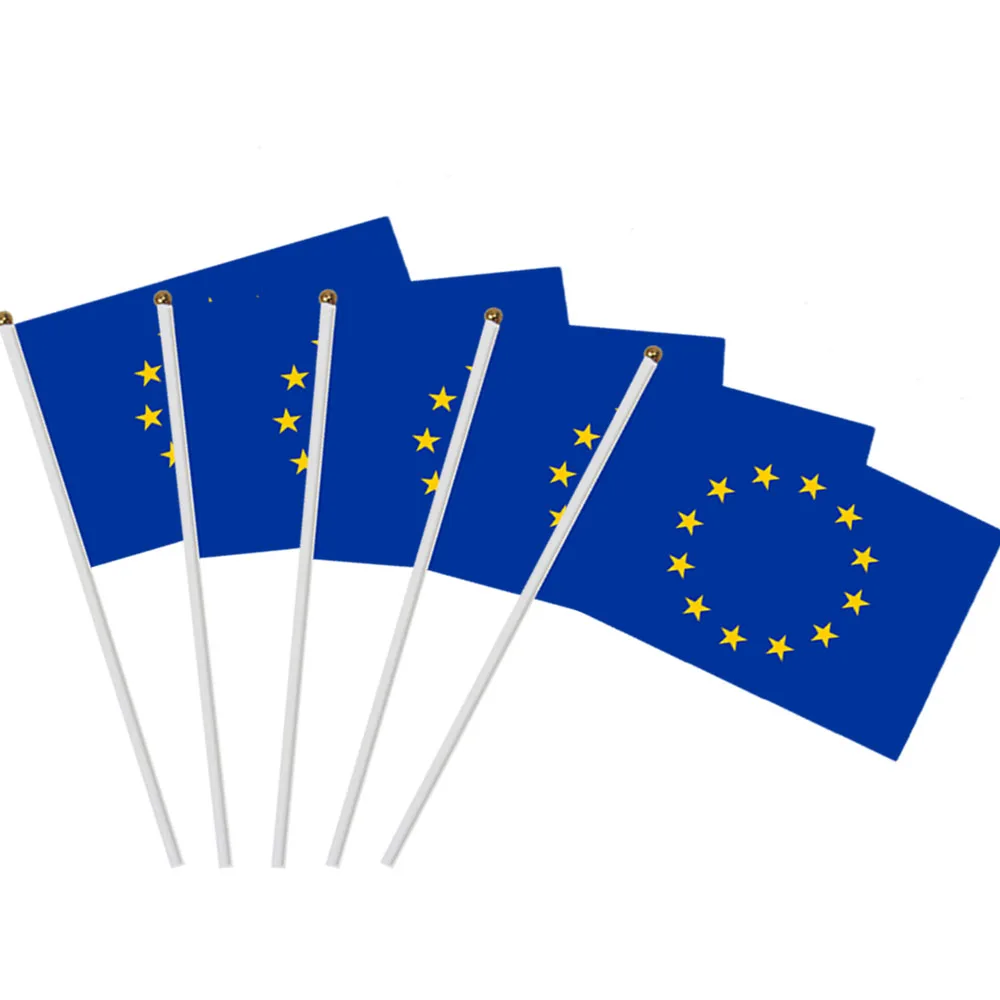 5 قطعة علم الاتحاد الأوروبي الصغير 14*21 سنتيمتر علم الاتحاد الأوروبي اليد العلم الوطني مع القطب اليد يلوحون العلم #6