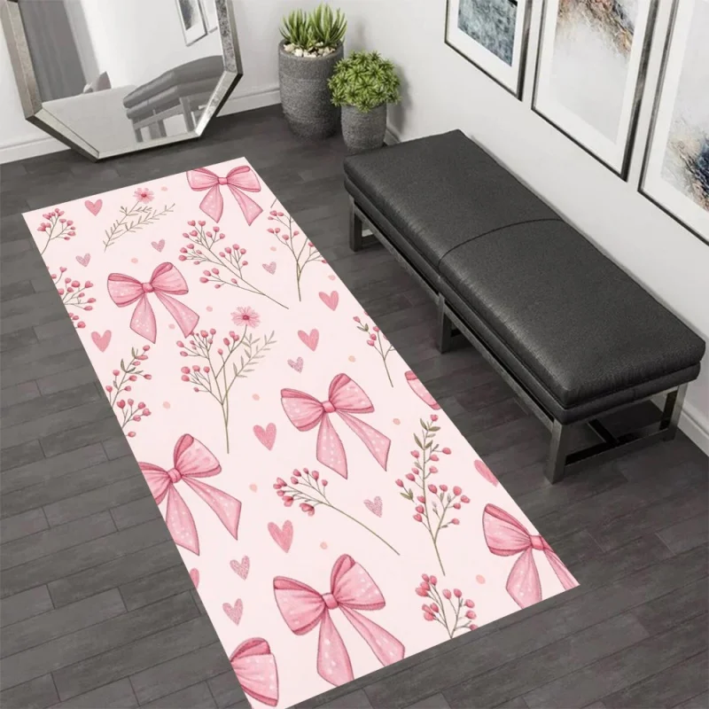 Cute Pink Bow Heart Berry Runner Rug Watercolor Floral Print Non Slip Floor Mat Girls Bedroom Sweet Home Decor