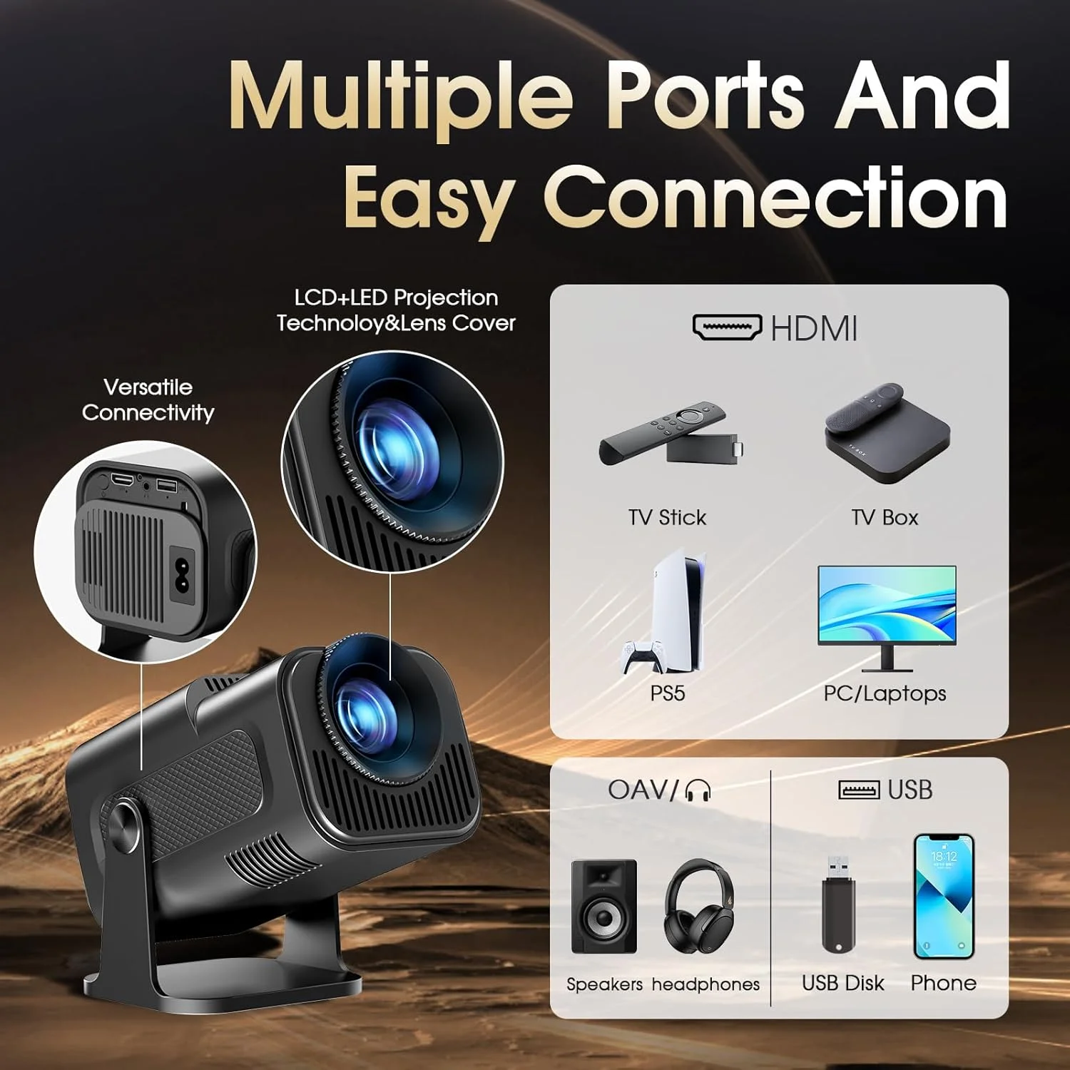 جهاز عرض KaiAqua HY320 جديد لعام 2025 أندرويد 13 390ANSI HD 4K أصلي 1080P Dual Wifi6 BT5.0 جهاز عرض محمول لمستوى السينما