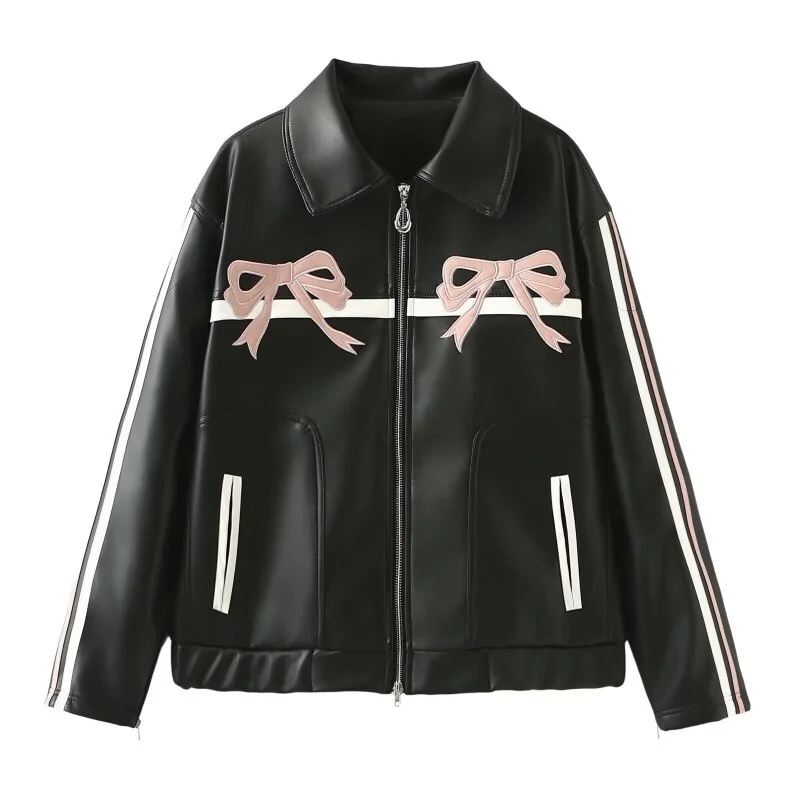 2026 Women's New Spring Cute Bow Decor Faux Leather Jacket, Zip Front Lapel Collar, Stylish and Versatile for Daily Outings