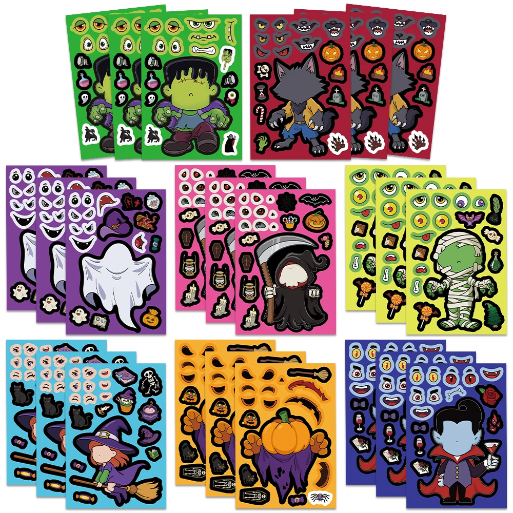 8Sheets Halloween Puzzle Sticker Cartoon Witch Ghost Assembly Decal DIY Notebook Guitar Fridge Luggage Party Decorative Sticker