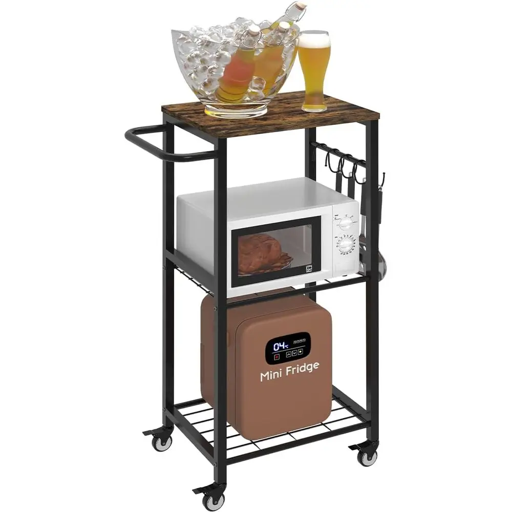 

Kitchen Microwave Stand Cart with Storage Rack, 3-Tier Rolling Kitchen Side Table on Wheels with 8 Hooks, Utility Small Coee She