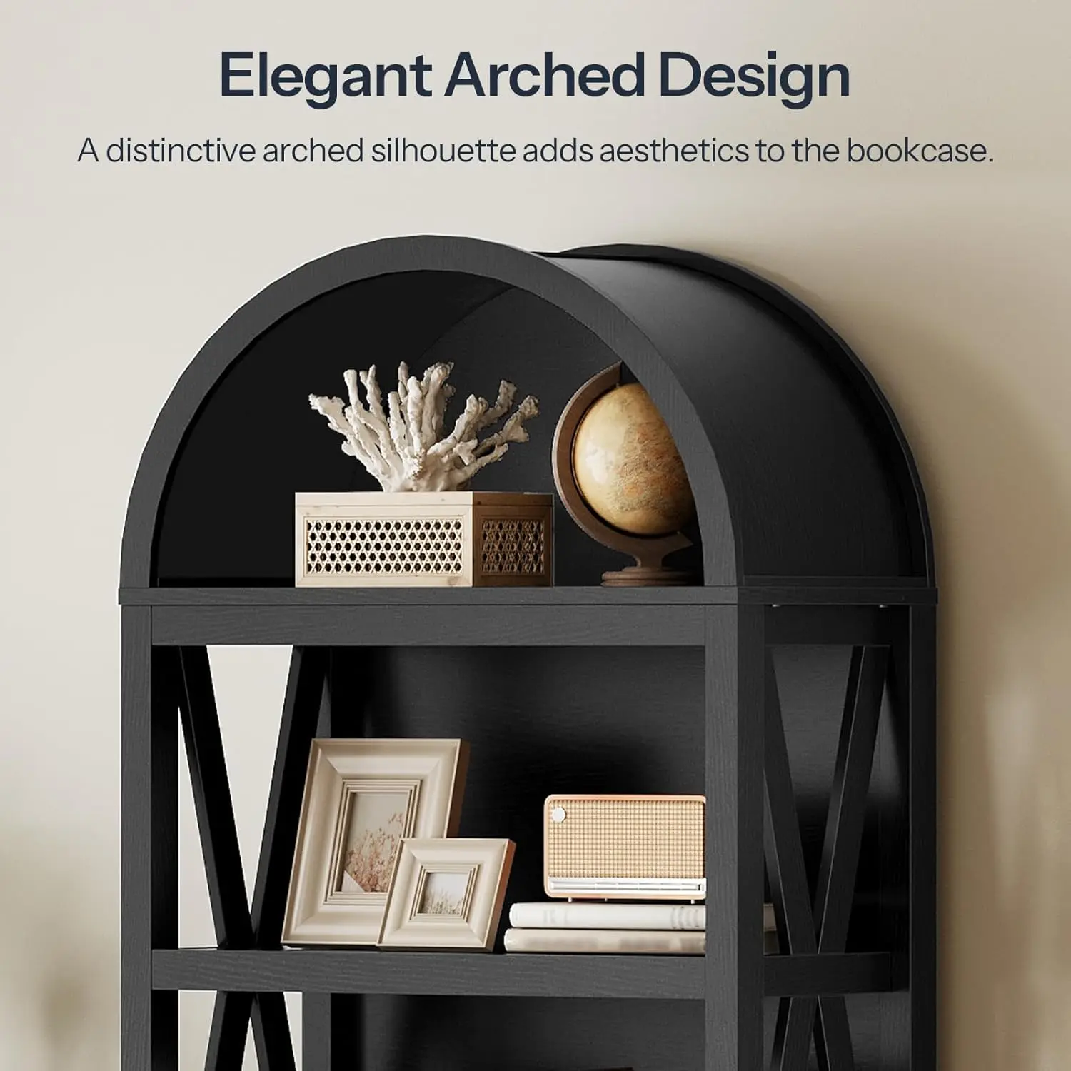 tall arched bookshelf with tiered shelf design