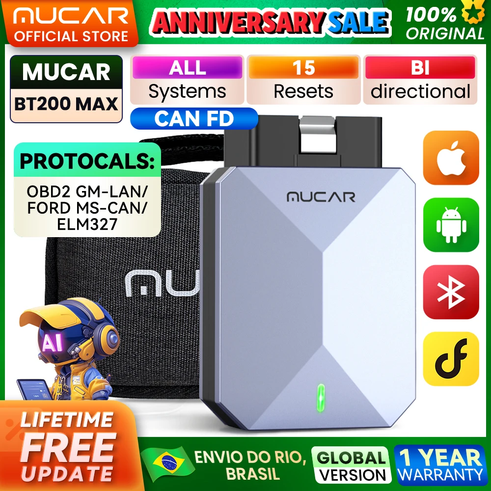 Mucar bt200 max ai obd2 scanner pode fd ferramenta de diagnóstico do carro sistema completo ferramenta de verificação controle bidirecional elm327 ferramentas automotivas