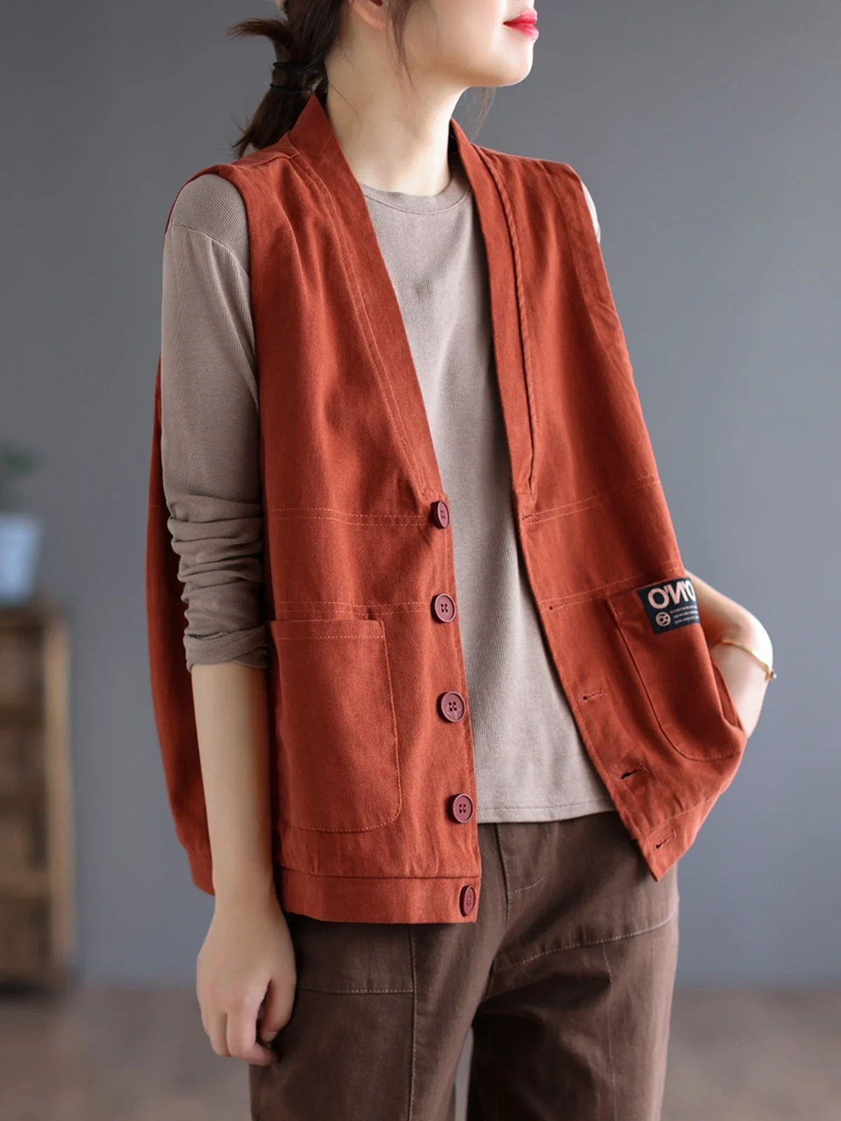 

Ретро-жилет из чистого хлопка для женщин, верхняя одежда на весну-осень, тонкий кардиган с V-образным вырезом, модный жилет с подплечниками