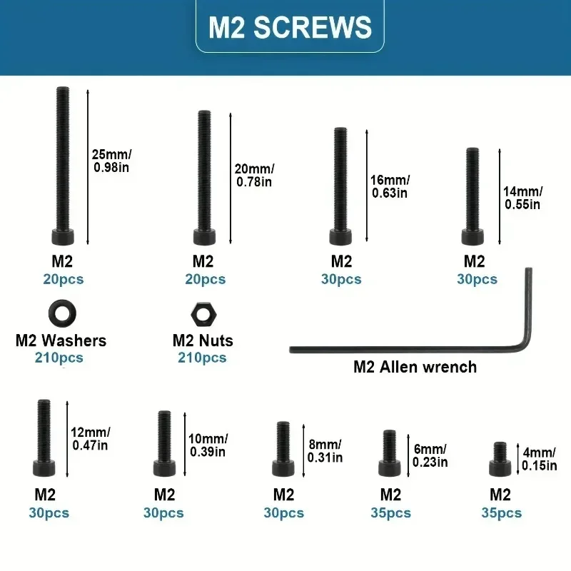 VKKM 680 pcs M2 Hex (Allen) Drive Socket Head Cap Bolt Assortment Kit, Screw, Nut & Washer Set, Black Oxide, M2