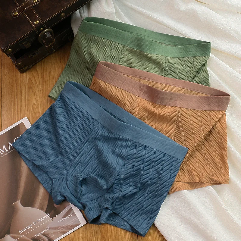 New Men's Underwear Mesh Ice Silk Flat Corner Pants with Antibacterial properties 3PCS