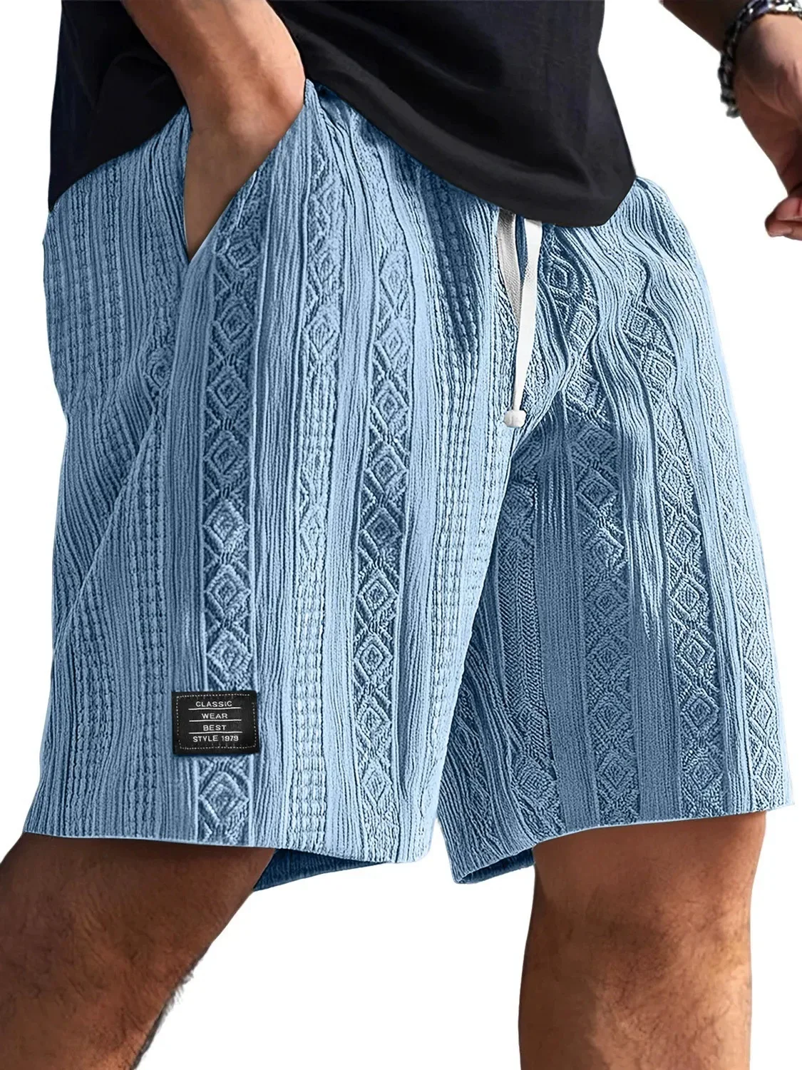 Men's Casual Textured Jacquard Shorts with Side Pockets, Drawstring Waist, and Logo Patch - Summer Loose Fit Knee-Length