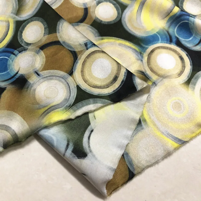 19 Momme Stretch Silk Satin Designer Fabric Geometric Circle Print for Shirts and Dresses, Custom Dressmaking Cloth