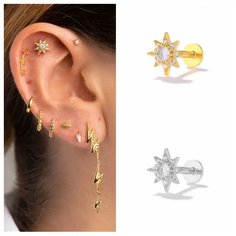 CANNER 925 Sterling Silver Tragus Piercing Stud Earrings for Women Cubic Zirconia Labret Lip Ring Cartilage Earring Jewelry 1pc