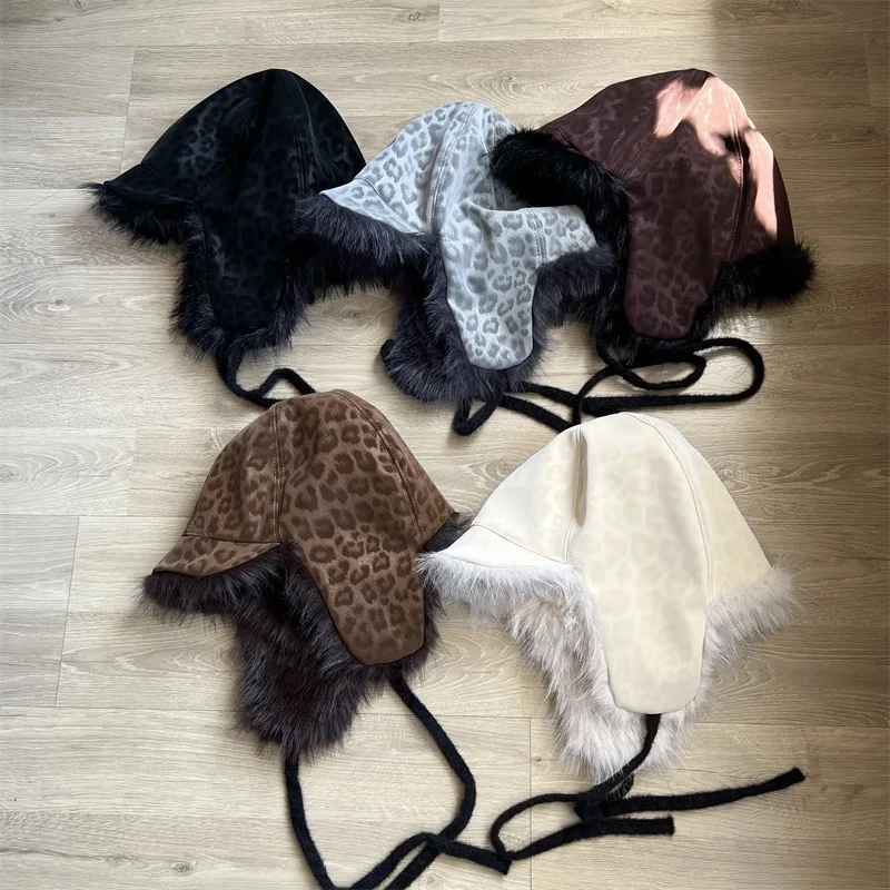 Winter Women Men Leopard Print Ski Down Hat Imitation Mink Fur Bomber Hats Outdoor Windproof Warm Cycling Ear Protection Caps