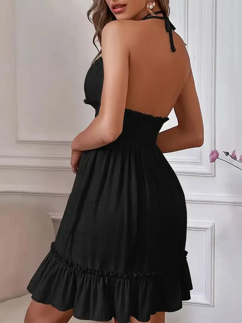 New Summer Women's Mini Dress Sexy Deep V Neck Tie Fashion Backless Party Holiday Beach Suspender Skirt for Female