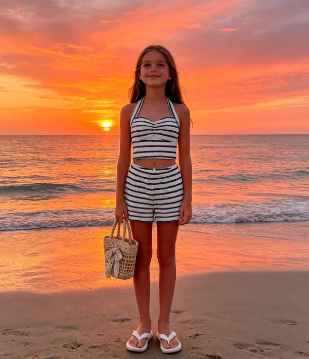 Girls' Suit 2026 Spring/summer New Children's Wear Girls' Baby Fashion Stripe Neck with Chest Top and Shorts Two-piece Set