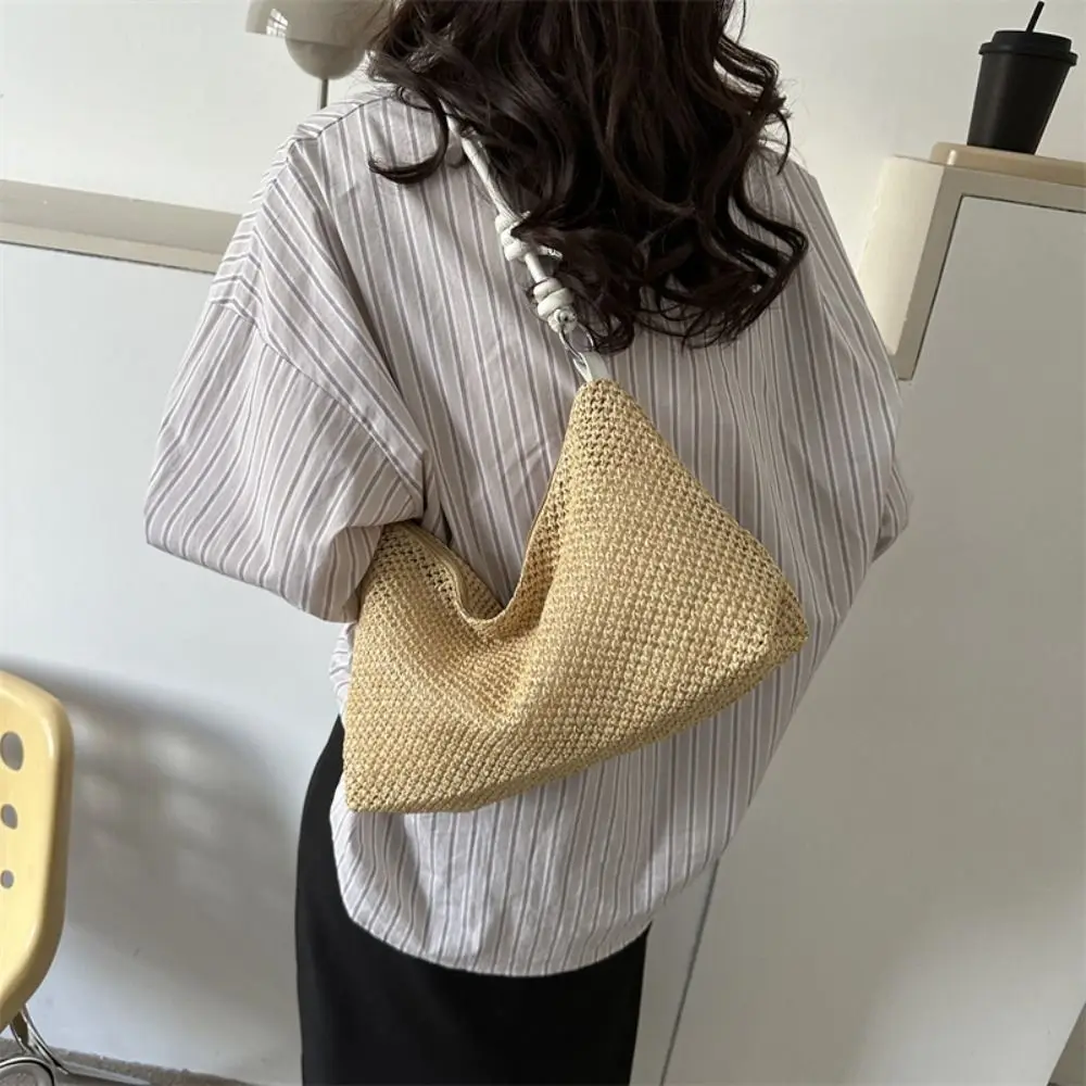 Large Capacity Straw Woven Crossbody Bag Adjustable Shoulder Strap Zipper Woven Shoulder Bag Handmade Bohemian Style