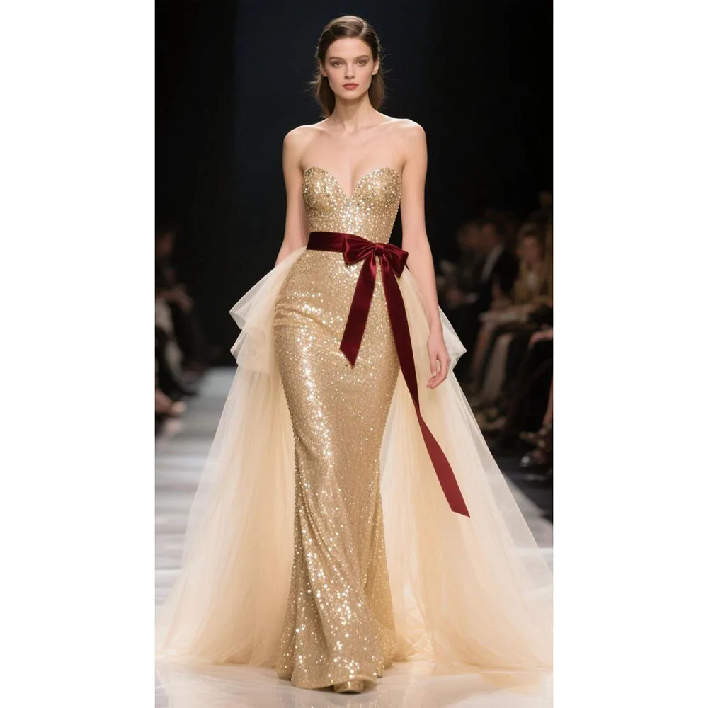 

Champange Evening Dresses Women Strapless Sleeveless High Quality Formal Occasion Mermaid Female Gowns Classic Exquisite 2025