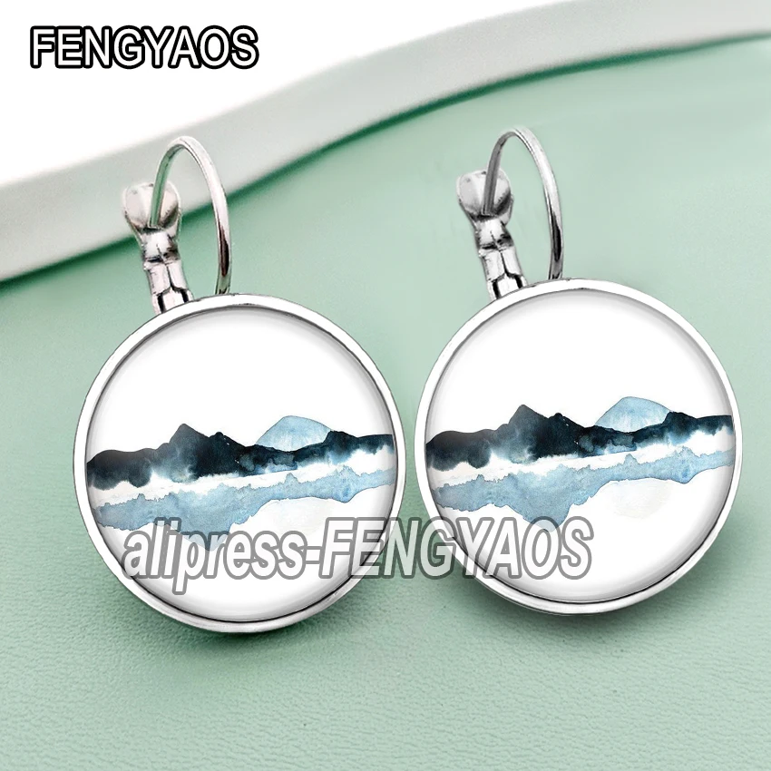 Mountain and River Stud Earring for Women Fashion Natural Scenery Glass Cabochon Hook Earrings