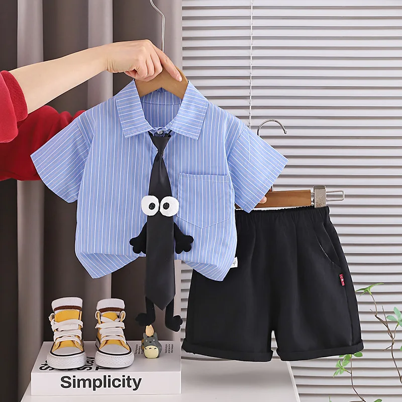 

Korean Baby Boy Summer Clothes Set 2026 New Fashion Striped Short Sleeve Shirts and Shorts 2 Piece Outfit Children's Clothing