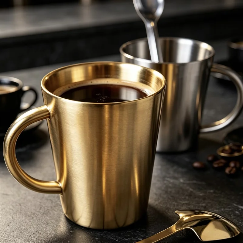 340ML Brushed Gold Stainless Steel Coffee Mug Durable Metal Drinking Cup With Handle Water Cup Travel Tumbler Jug