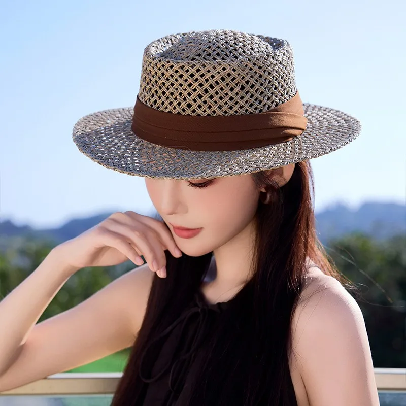 Straw-woven flat-topped hats women's salted grass top vacation and hollowed-out