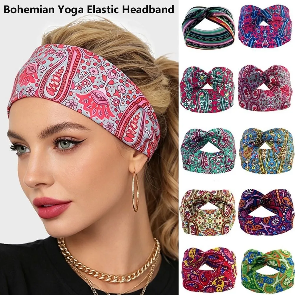 Sweat Absorbent Bohemian Yoga Elastic Headband 10*25cm 10 Colors Outdoor Hair Ties Headscarf Ladies' Floral Printed Headband