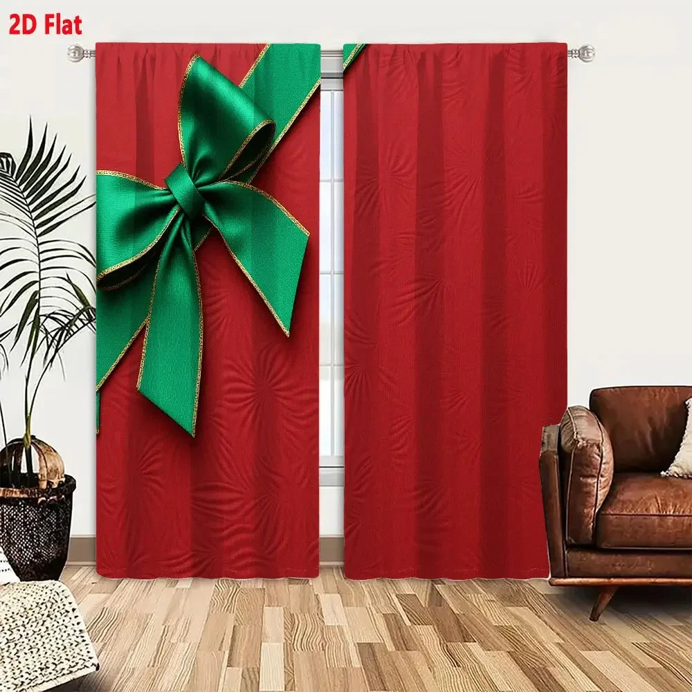 2Pcs Curtains 2D Flat Festive Red Background With Green Satin Bow And Gold Trim Window Drapes for Bedroom Room Decor Decoration
