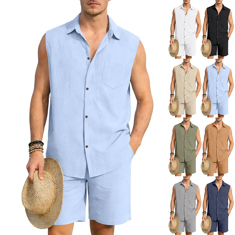 

2026 Summer Mens Linen Hawaiian Collar Sleeveless Shirt Shorts Set Beach Casual Outfit For Youth No Brand No Tag Streetwear
