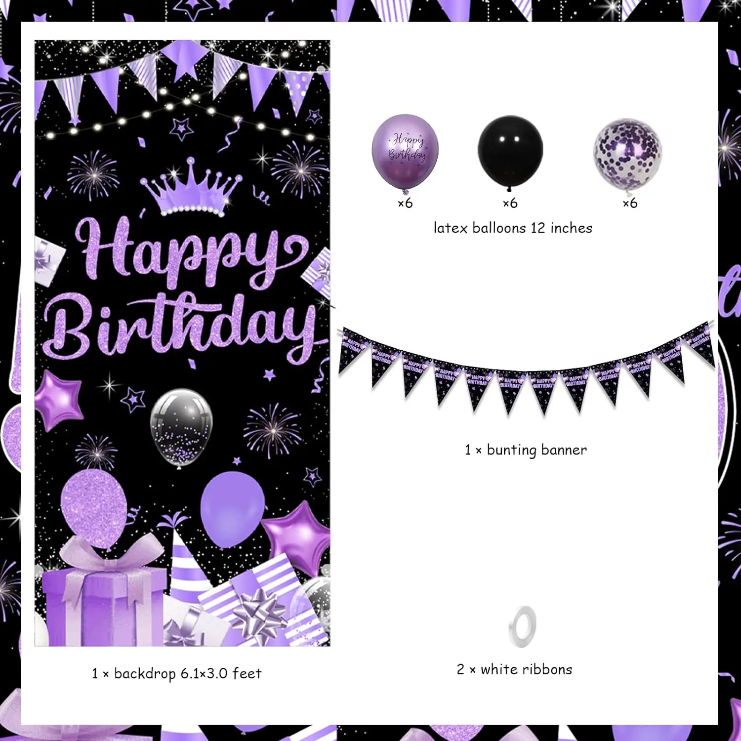 Black and Purple Birthday Decorations for Girls Women Happy Birthday Triangle Flag Banner Balloons Party Supplies 18th 40th 50th