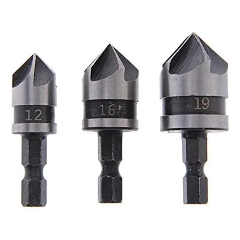 FTGT-3 Piece 1/4Inch Hex 12/16/19mm Countersink Bore Set for Wood Metal Quick Change Bit