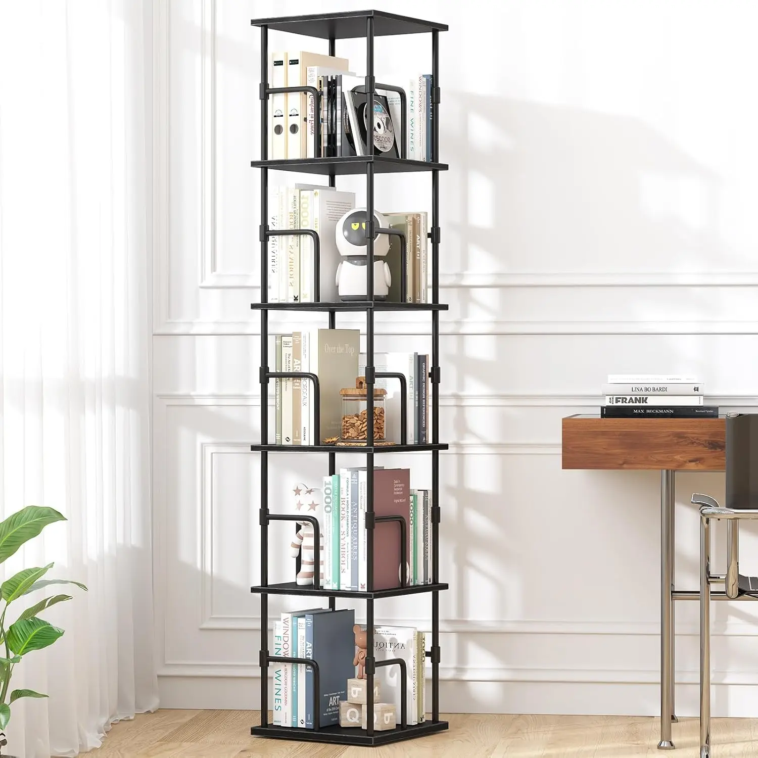 

360° Rotating Bookshelf, 5-Tier Corner Storage with Safety Rails, Space-Saving, 62.5"H, Industrial Style