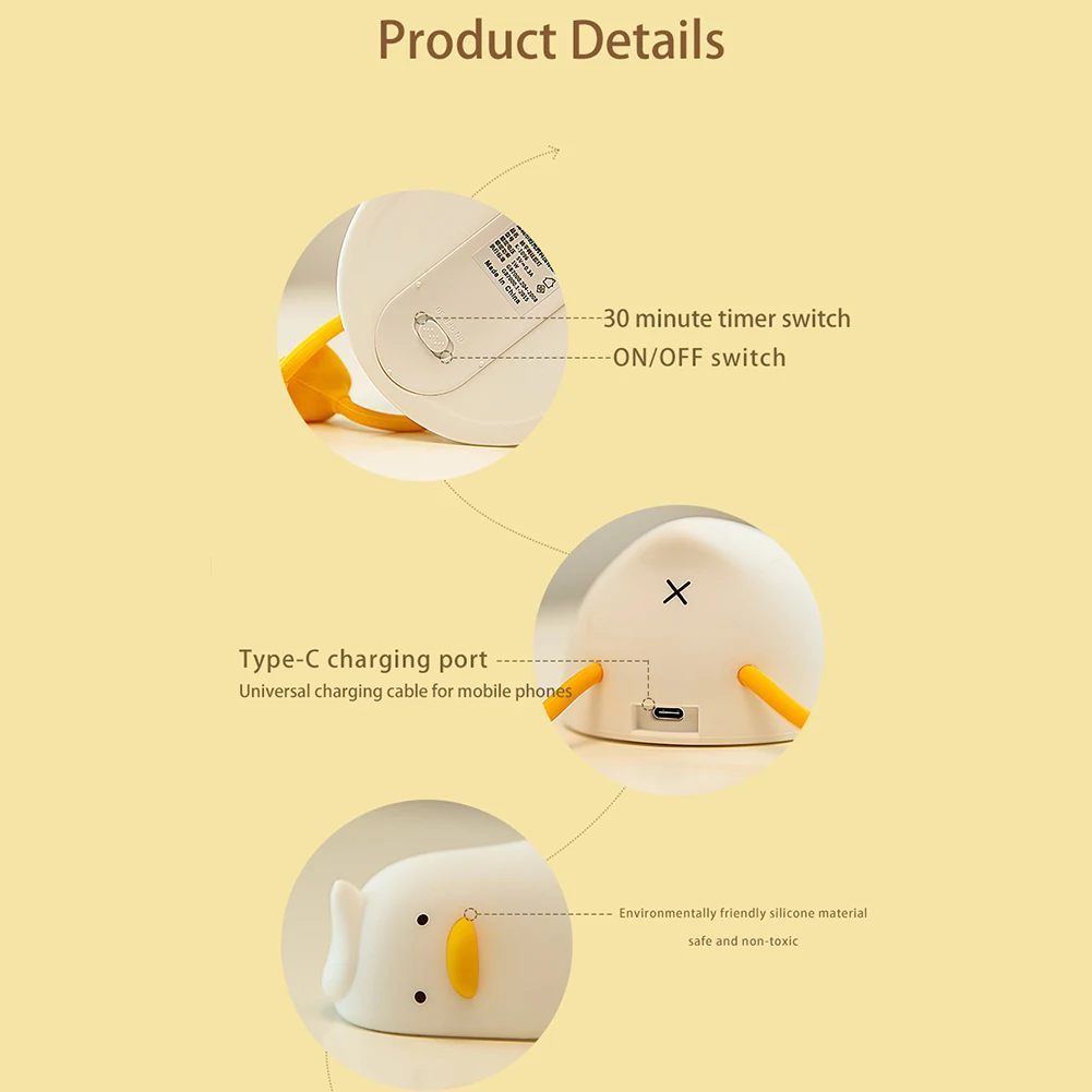 Lampe de chevet canard à luminosité réglable, chargement USB, lampe de chevet, support de téléphone portable, cadeau pour enfants et bébés, vente en gros