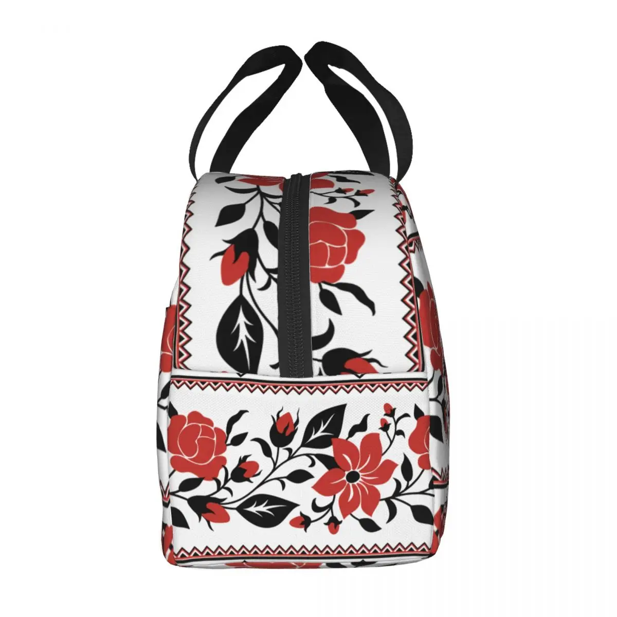 Custom Print With Red Rose And Mallow Ukrainian Traditional Embroidery for Vyshyvanka Portable Thermal Cooler Bento Box Work