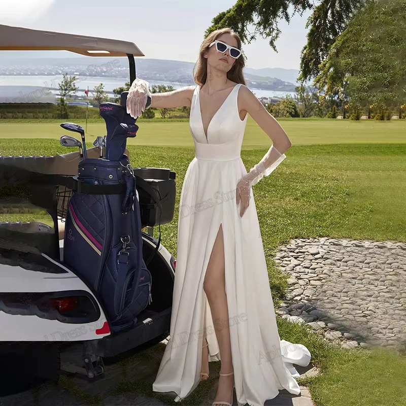 

Simple Wedding Dresses A Line Satin Bridal Gowns Sleeveless Backless Robes Deep V Neck Classic Vestidos De Novia Customized 2025