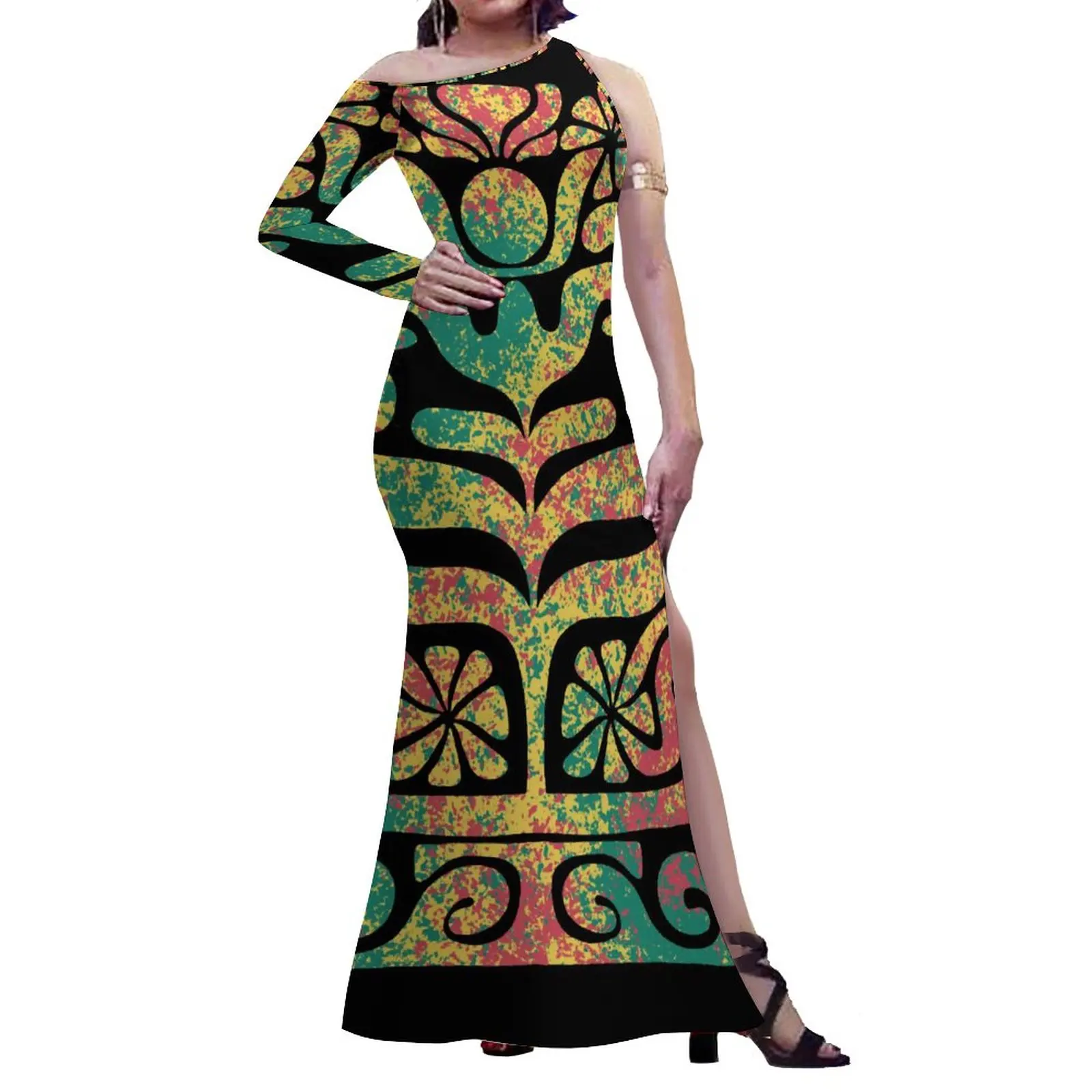 New Arrivals Big People Party Clothing Customized On Demand Polynesian Retro Style Dress Pacific Island Art Trendy Slit Dress