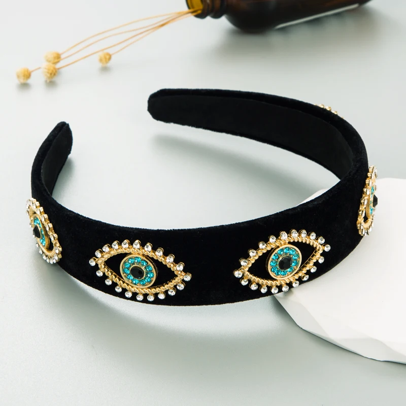 Korean Velvet Fabric Fashion Retro Oil Drop Devil\'s Eye Headband Female Rhine Stone Band Personalized Hair Accessories